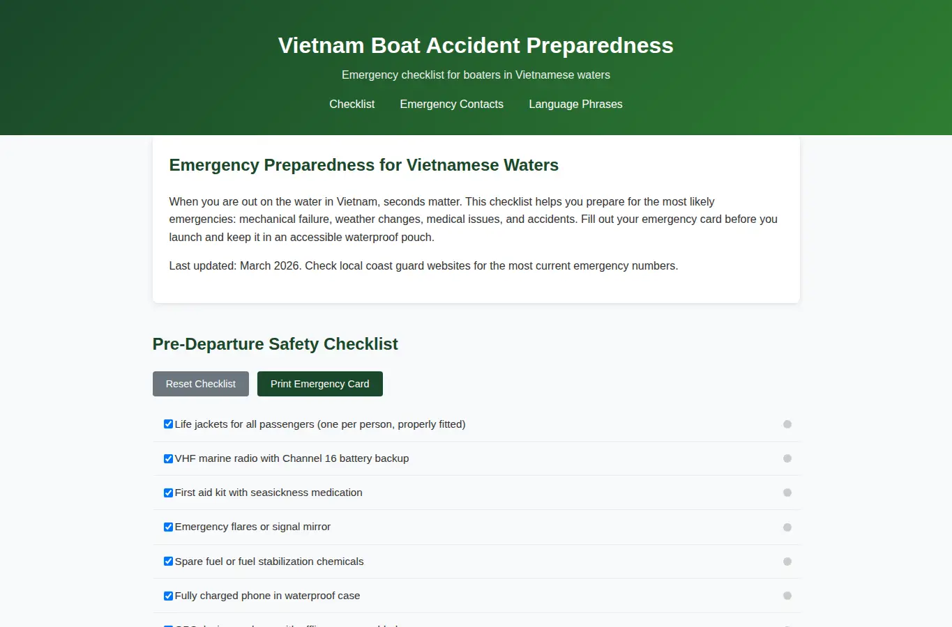 Screenshot of Vietnam Boat Accident Preparedness interface showing the project page in use